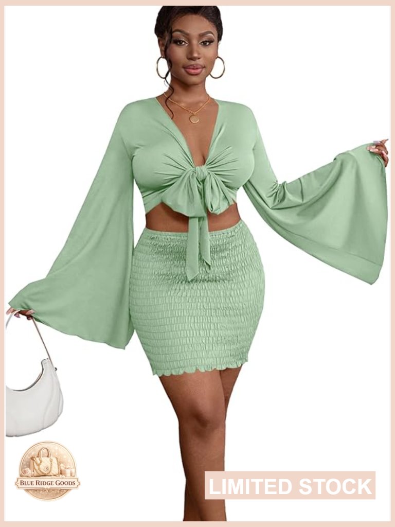 Tie Knot Crop Top And Mini Skirt Set Bell Sleeves Y2k Chic Vacation Outfit